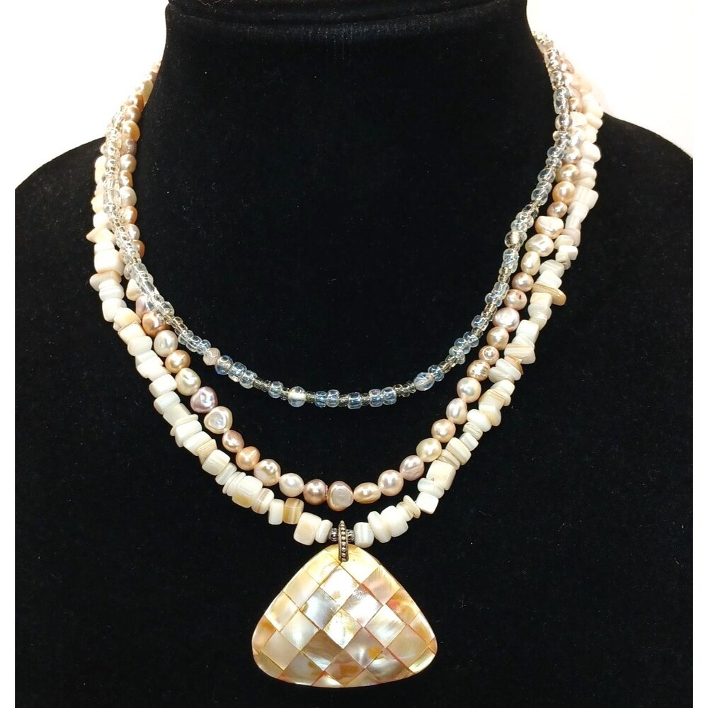 OOAK 3 Strand Necklace Mother of Pearl Pearl & Glass Beaded Inlay Pendant 16 in